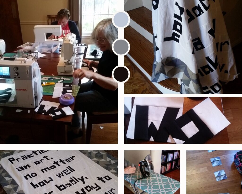 Collage of photos of members working on the Vonnegut quilt top.