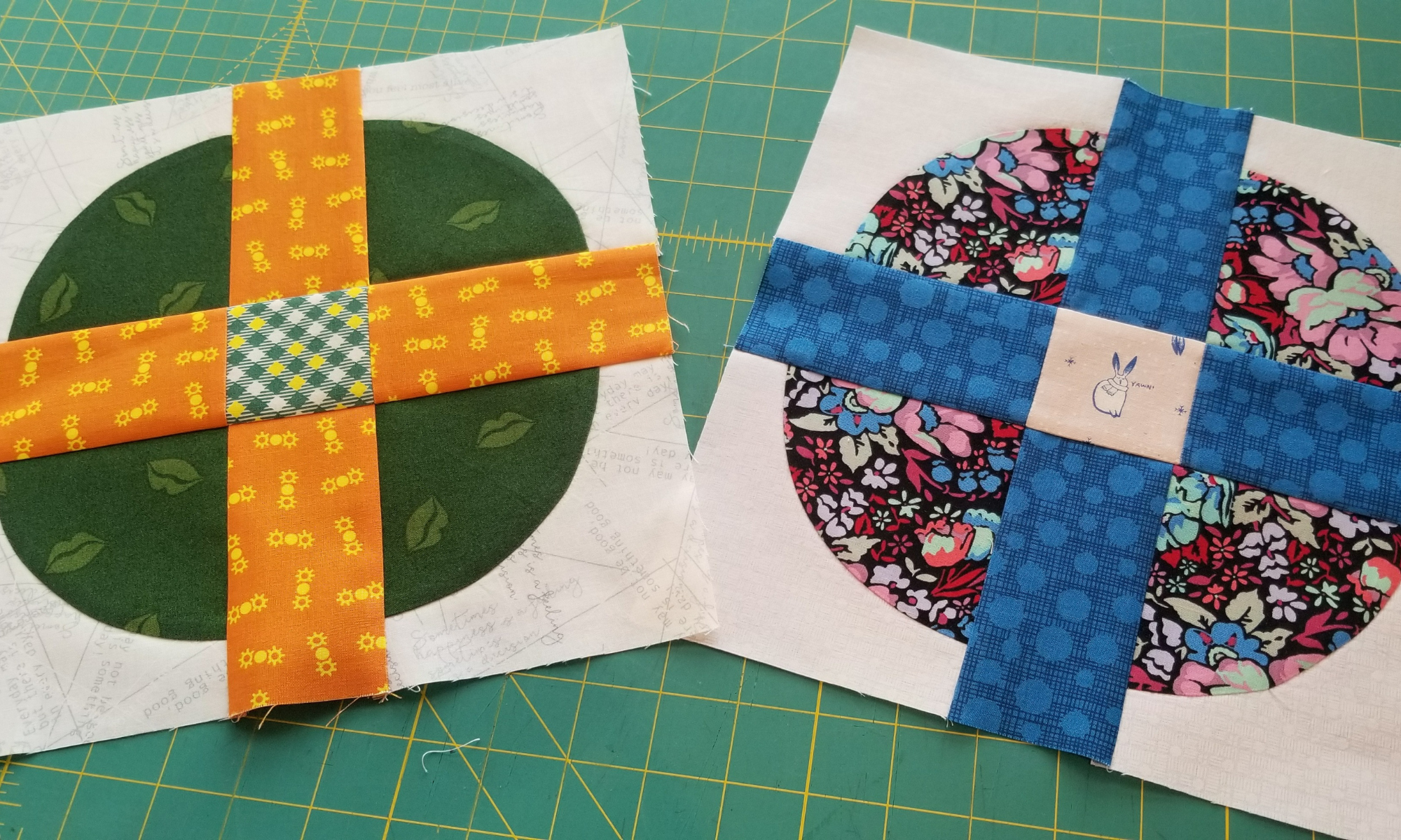 two summer smoothie blocks on a green cutting mat